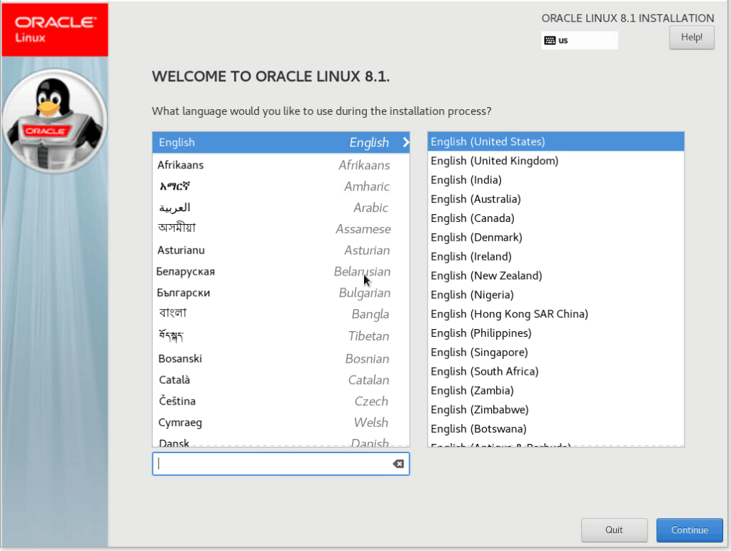 Sprachauswahl für Oracle Linux 8.1